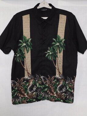 Black Tan Palm Tree Hawaiian Bowling Shirt Mens XL